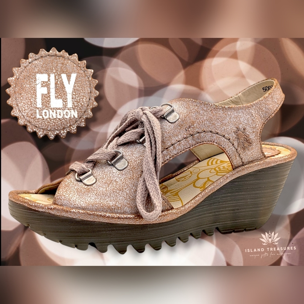 New Fly London YLFA Luna Women Sz US 6/6.5 | EU 37 Metallic Blush Pink Wedges